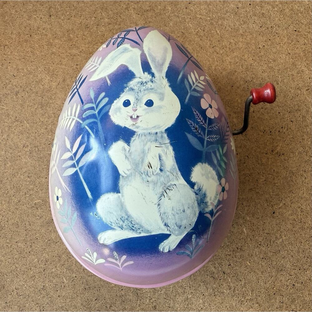 Vintage 1950s Mattel Litho Tin Easter Egg White Bunny Decor Wind Up Toy No Music